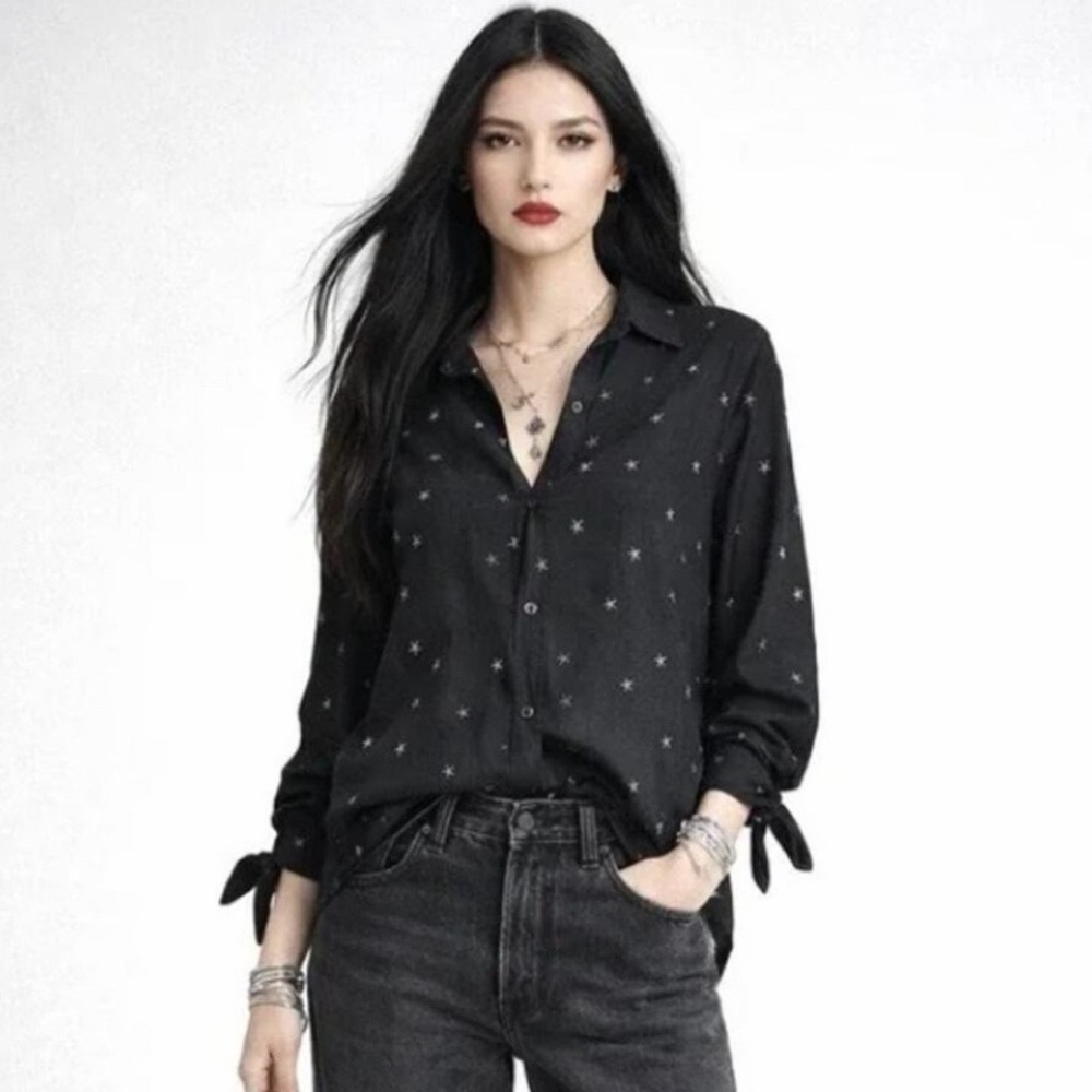 Rails Robyn Linen Blend Black Embroidered Stars Top - Picture 3 of 11